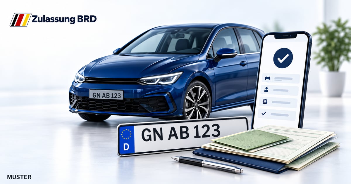 Online Fahrzeugzulassung in Linsengericht: Musterkennzeichen GN AB 123, Auto und Fahrzeugpapiere und Smartphone. Illustration mit Logo von Zulassung BRD.